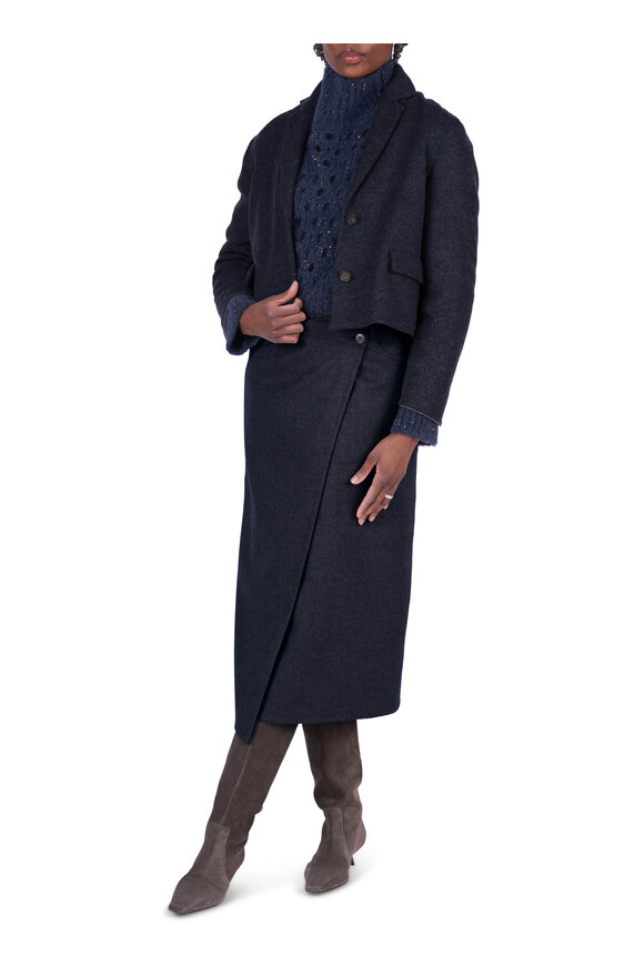 Brunello Cucinelli Navy Blue Double Cloth Wool Boxy Crop Blazer - view 2