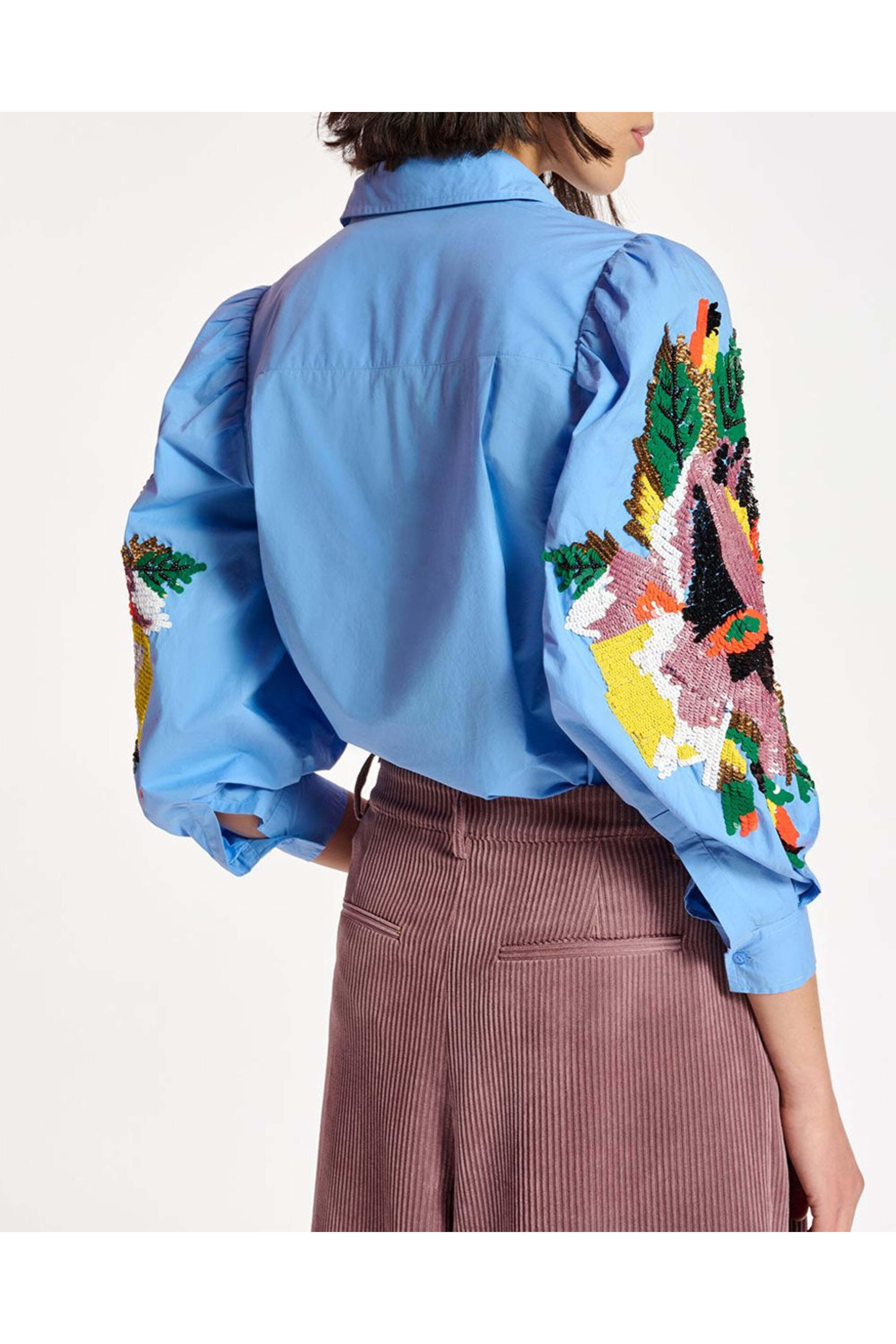 Essentiel Antwerp - Cool Blue Embellished Carnet Puff Sleeve Shirt