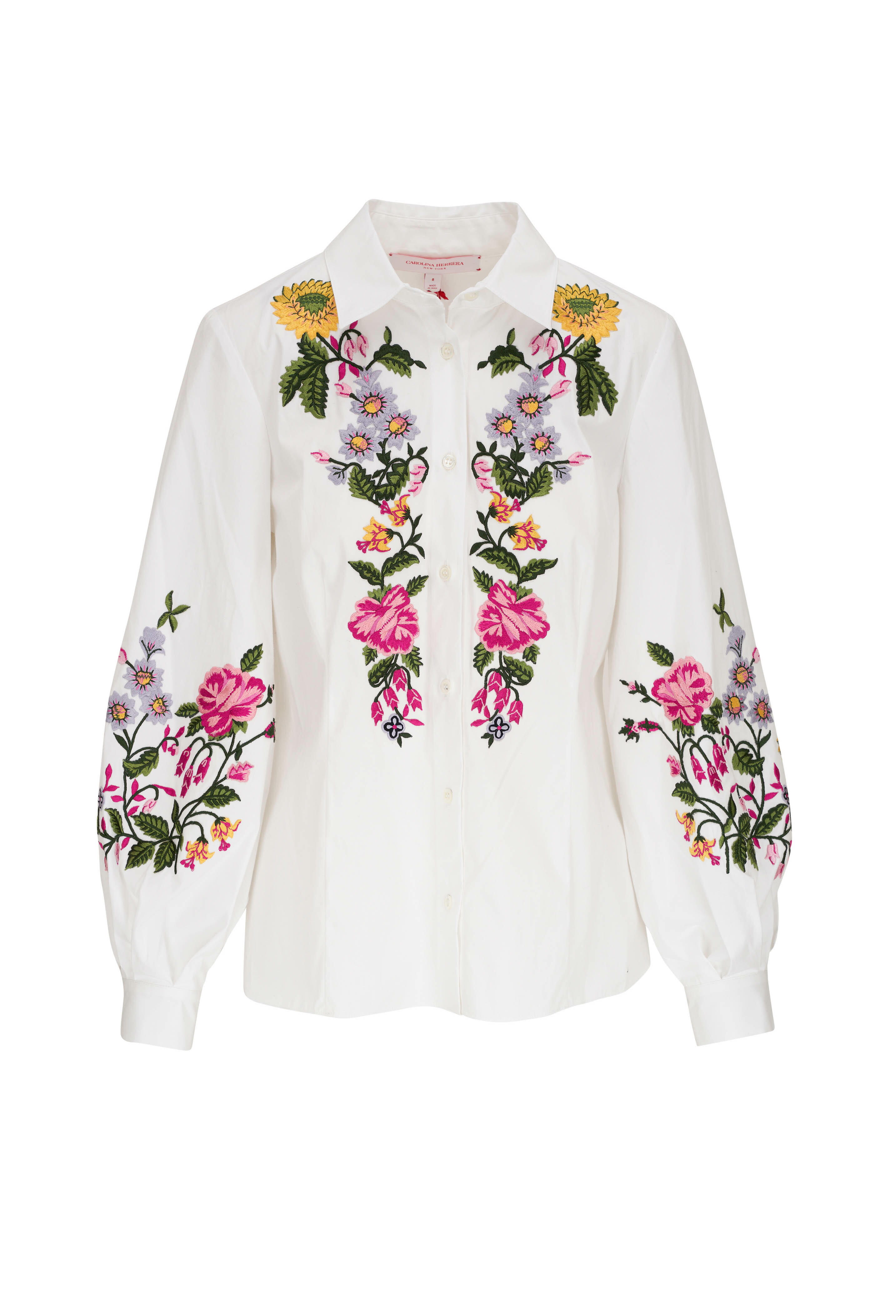 Carolina Herrera - White Multi Floral Embroidered Puff Sleeve Blouse