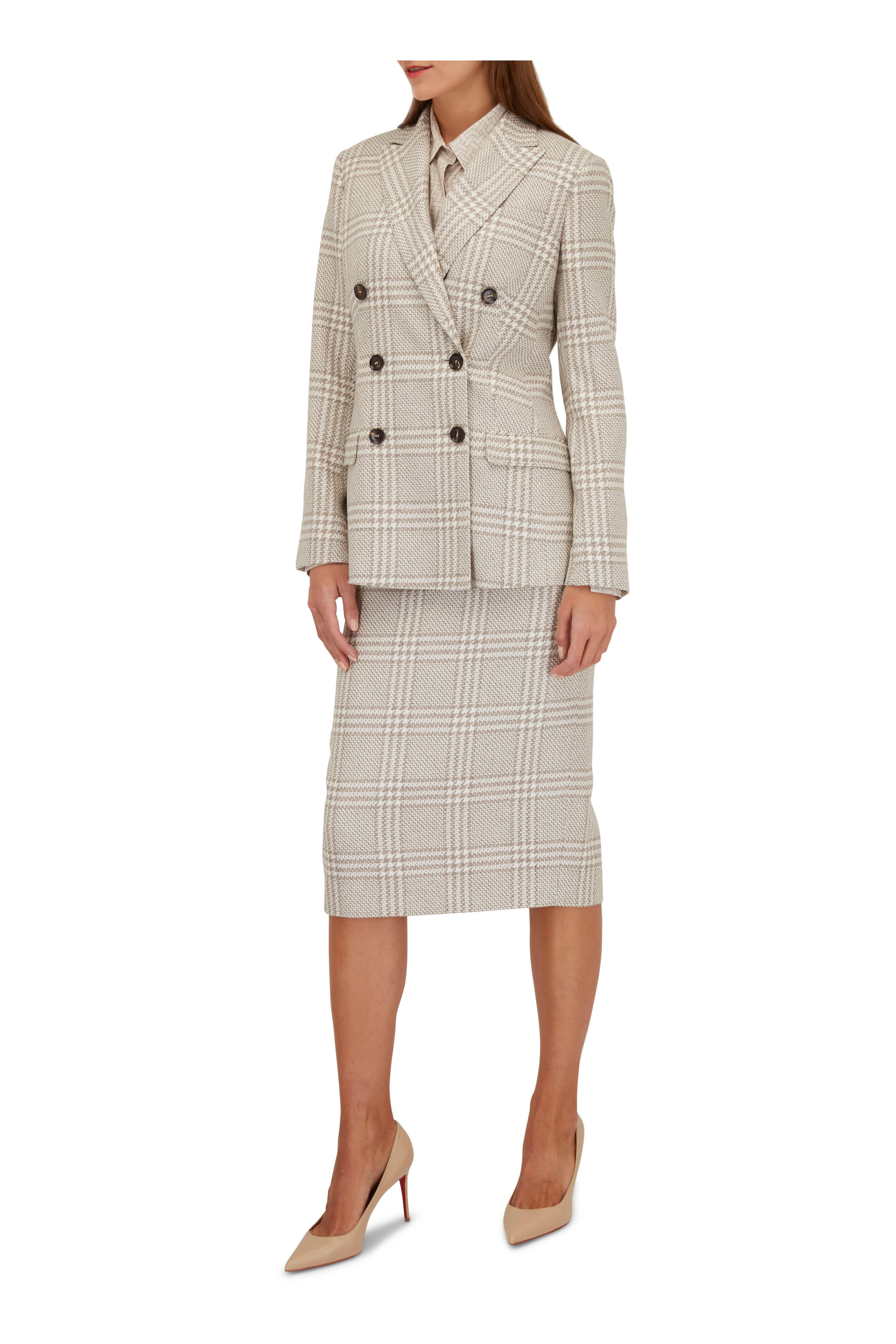 Kiton - Ivory & Tan Plaid Double-Breasted Jacket