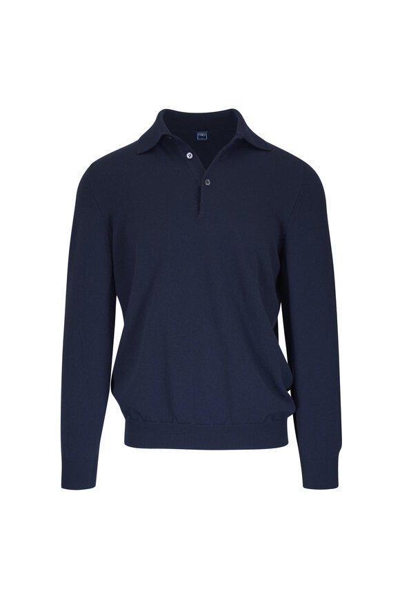 Fedeli Navy Cashmere Long Sleeve Polo - view 1