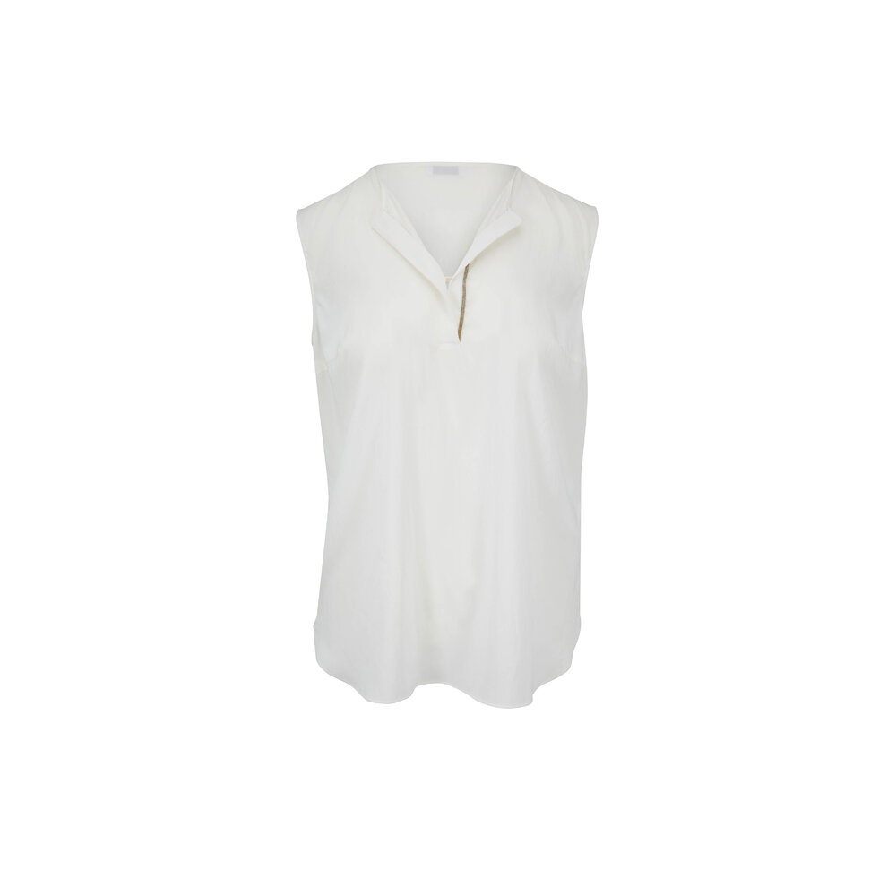 ブルネロクチネリ リネン　シルク　スパンコール　ノースリーブ Brunello Cucinelli - White Stretch Silk Sleeveless Henley