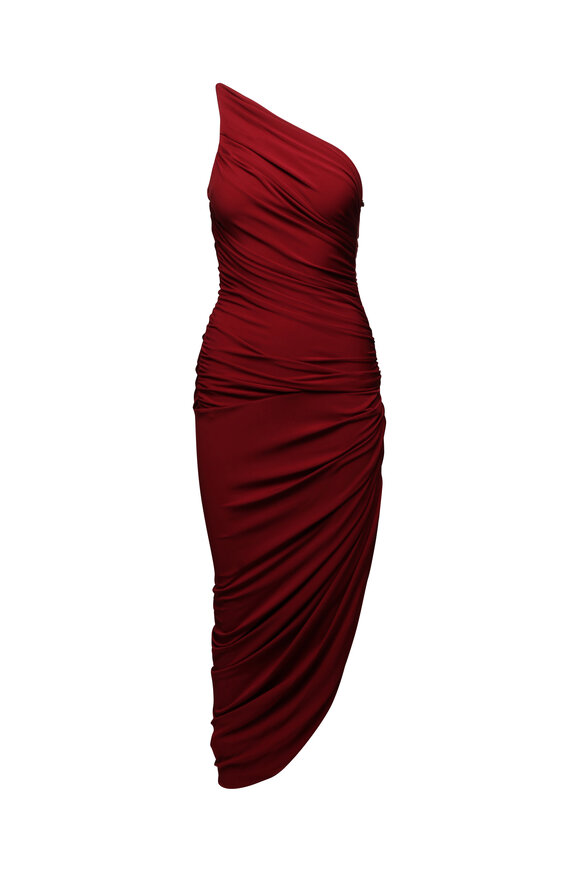 Carolina Herrera Asymmetrical Burgundy Ruched Midi Dress