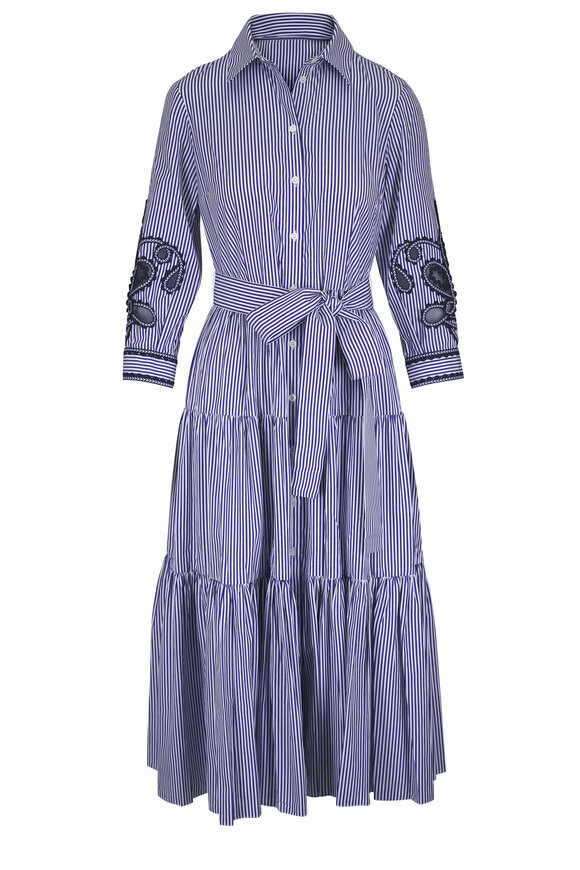 Carolina Herrera Blue & White Embroidered Stripe Midi Shirtdress - view 1