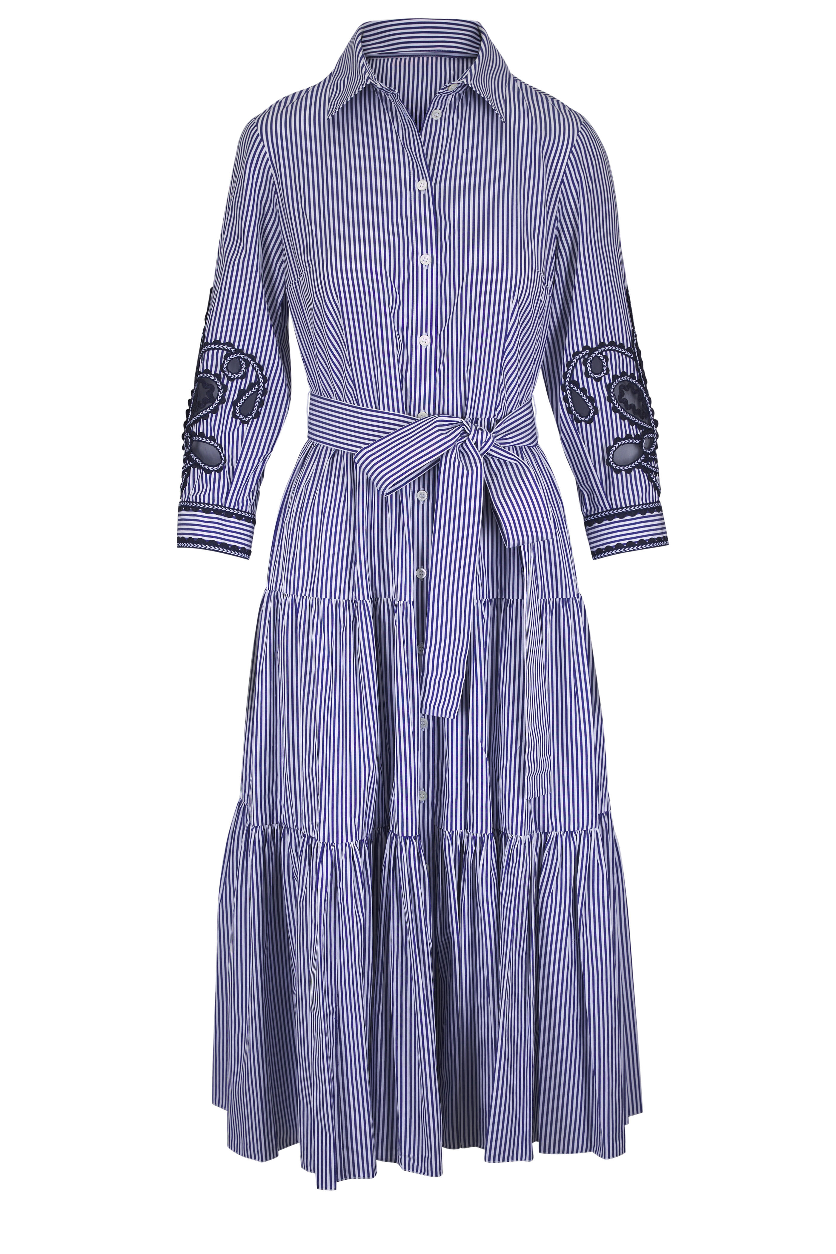 Carolina Herrera - Blue & White Embroidered Stripe Midi Shirtdress