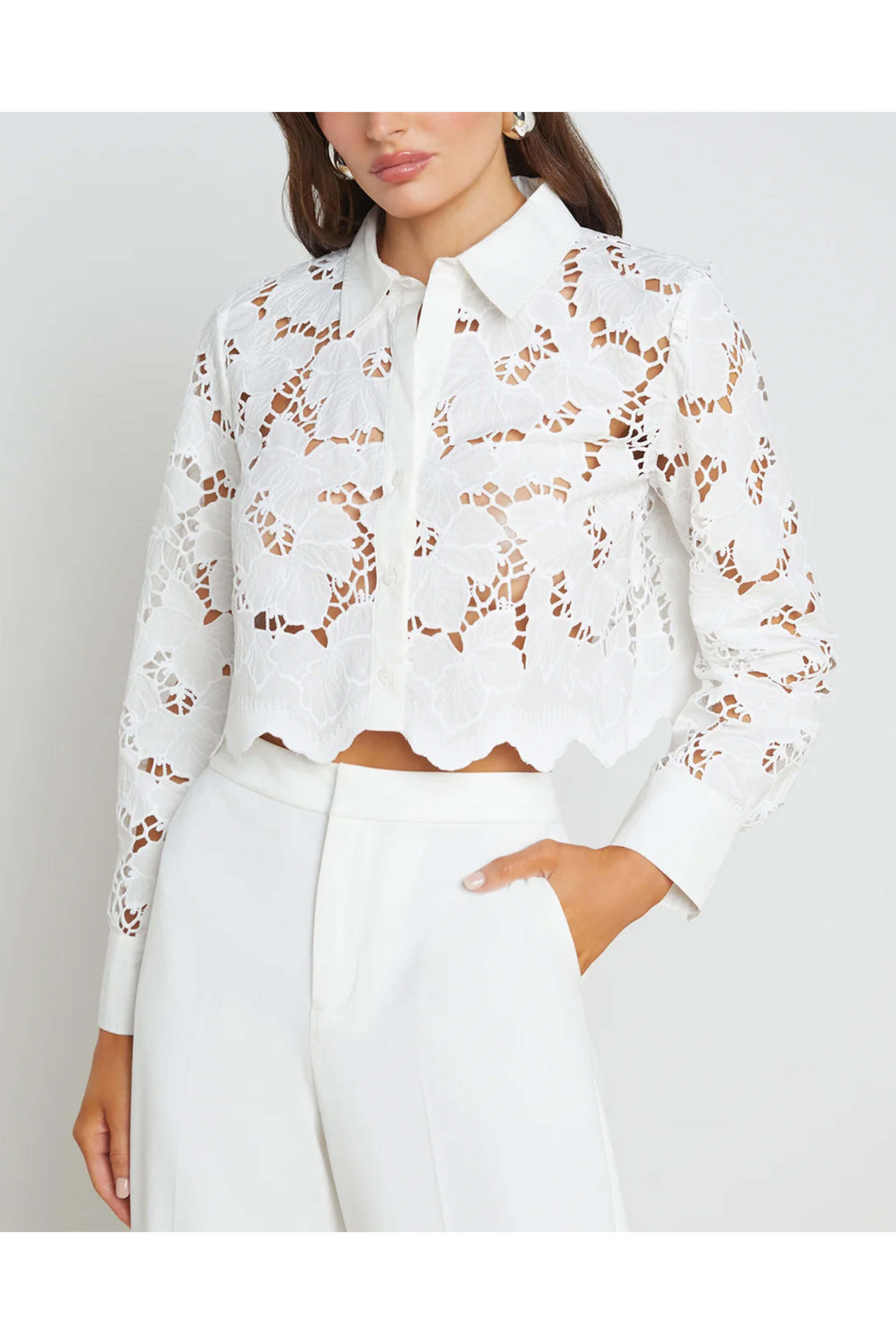L'Agence - White Seychelle Crop Button Down Shirt