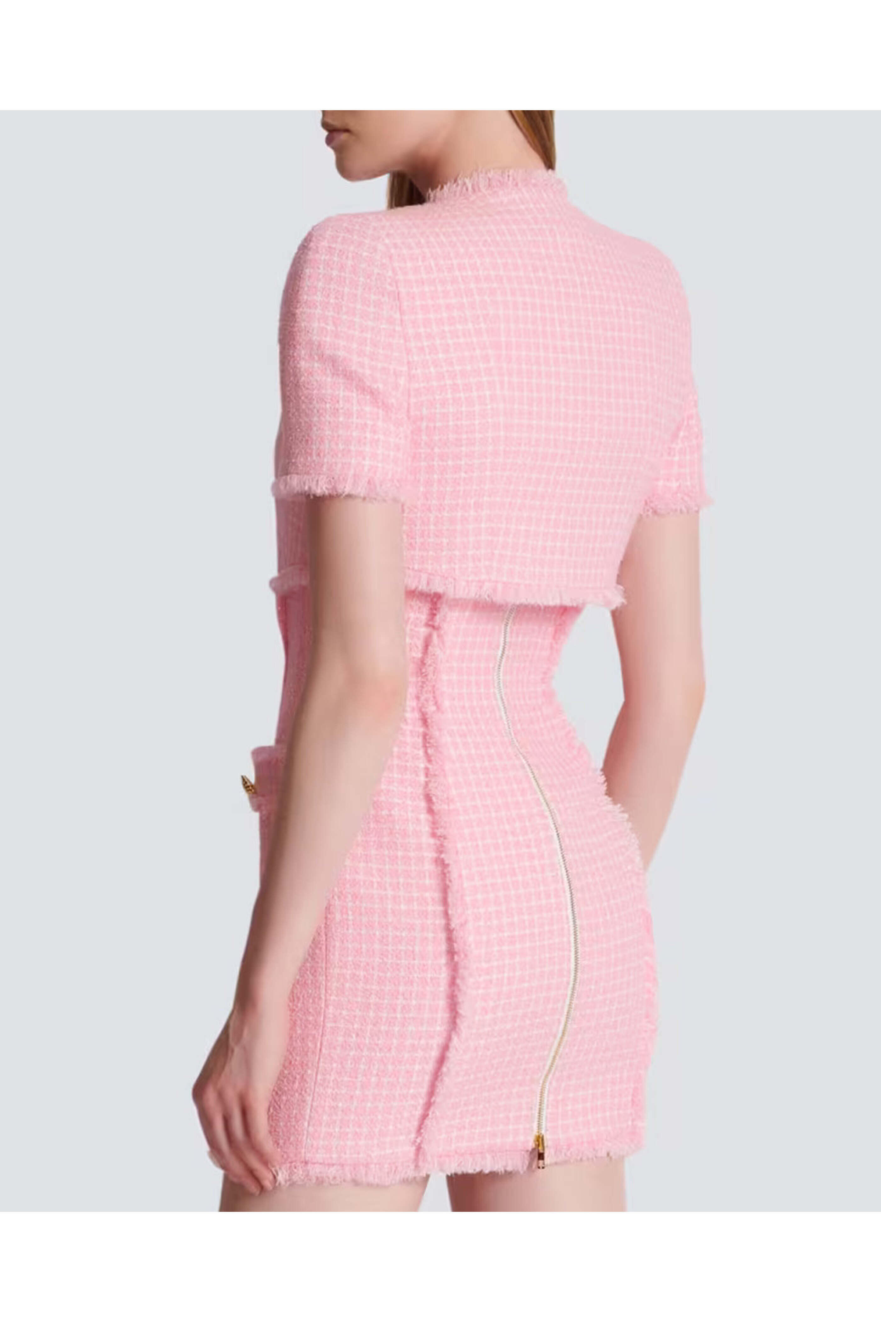 Balmain - Blanc and Rose Tweed Vichy Cropped Jacket