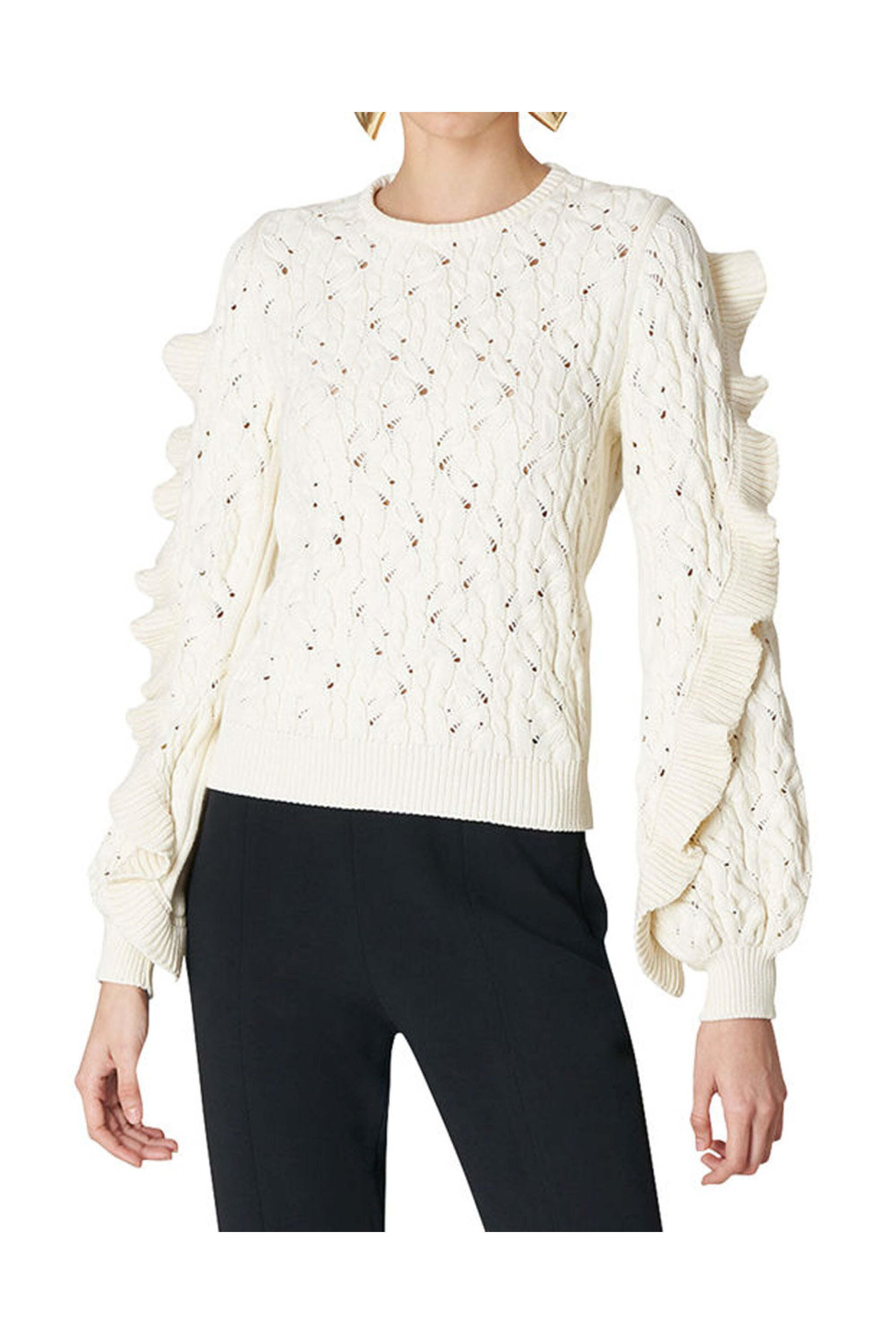 Carolina Herrera - Ivory Puff Sleeve Cable Knit Sweater