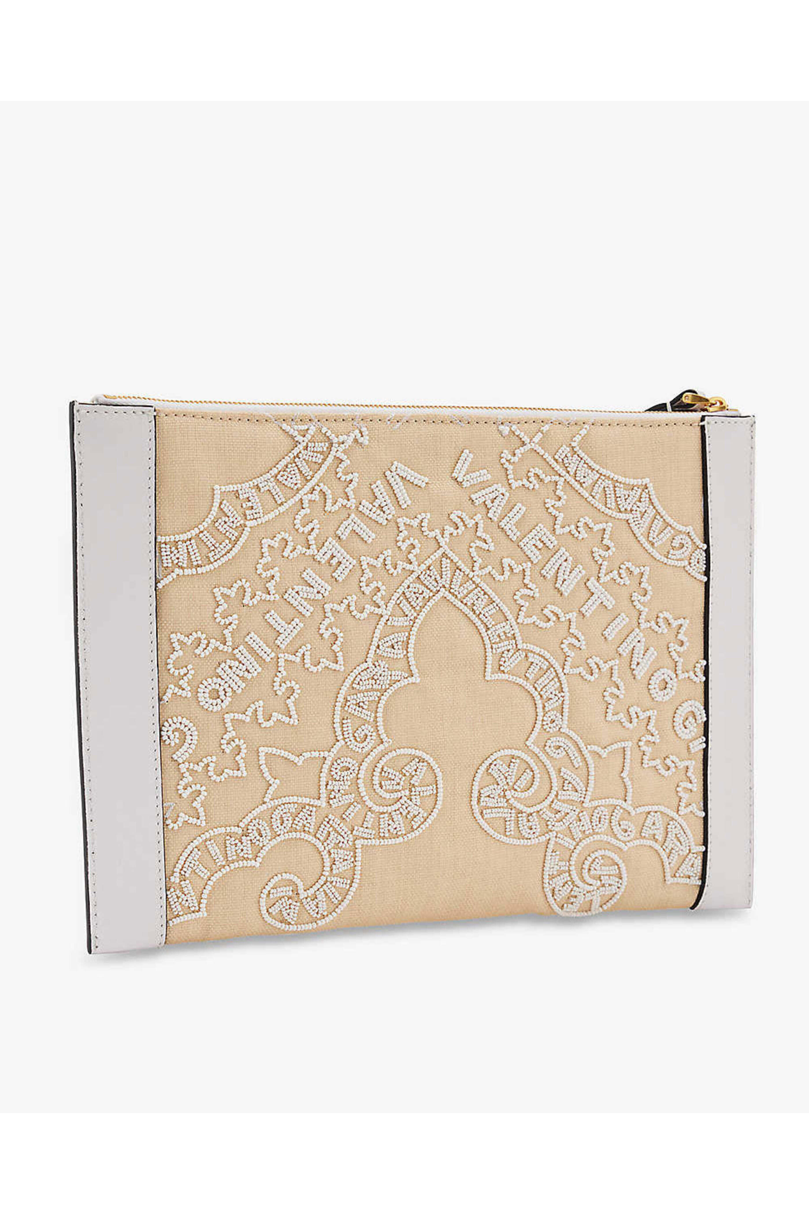 Valentino Garavani - Small Bead Embellished Raffia Pouch in Bianco