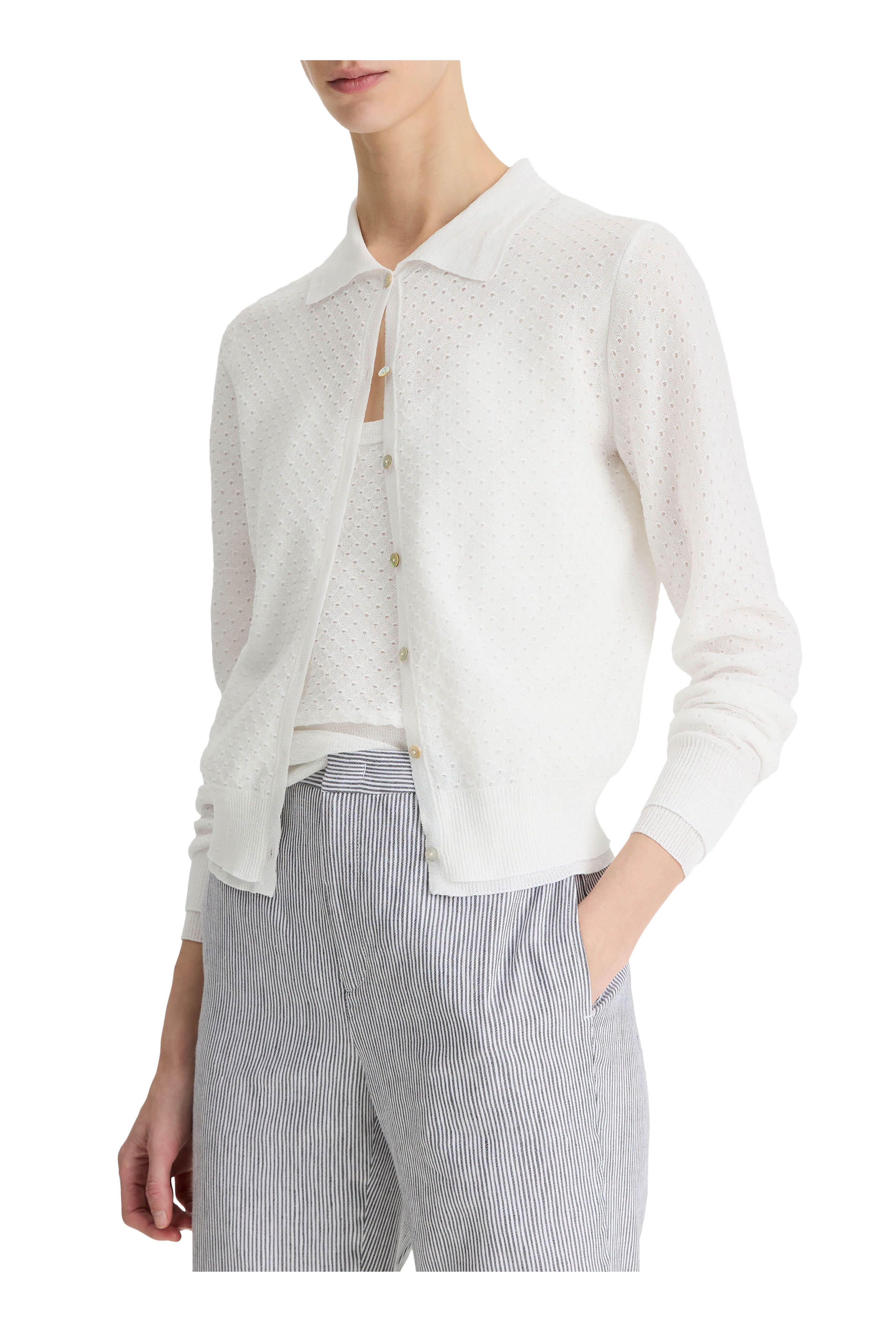 Vince - Optic White Mesh Double Layer Collared Cardigan