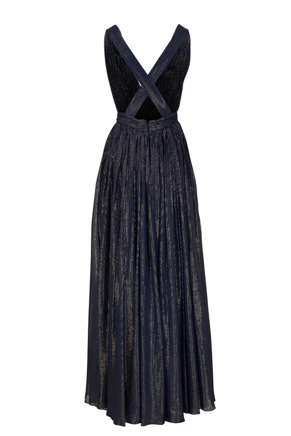 Michael Kors Collection - Hutton Navy & Gold Pinstriped Crossback Maxi Dress