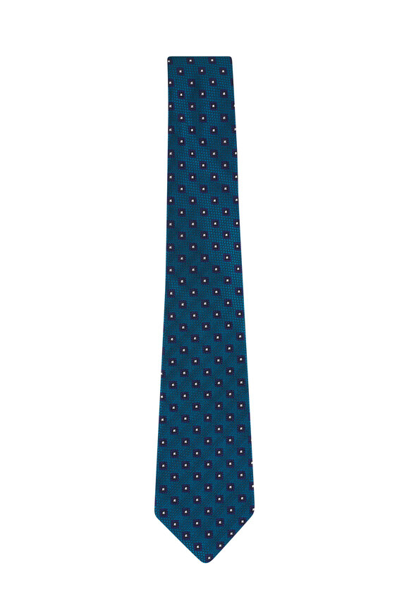 Zegna Teal Geometric Print Silk Necktie