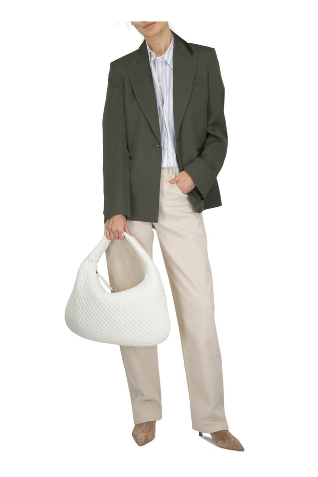 Designer outfit featuring Veneta Alabaster Intrecciato Leather Shoulder Bag, Next Ex White & Green Stripe Cotton Shirt and 2 other pieces