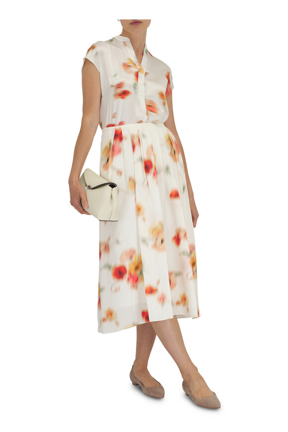 Vince - Cream Dusk Poppy Blur Silk Band-Collar Blouse