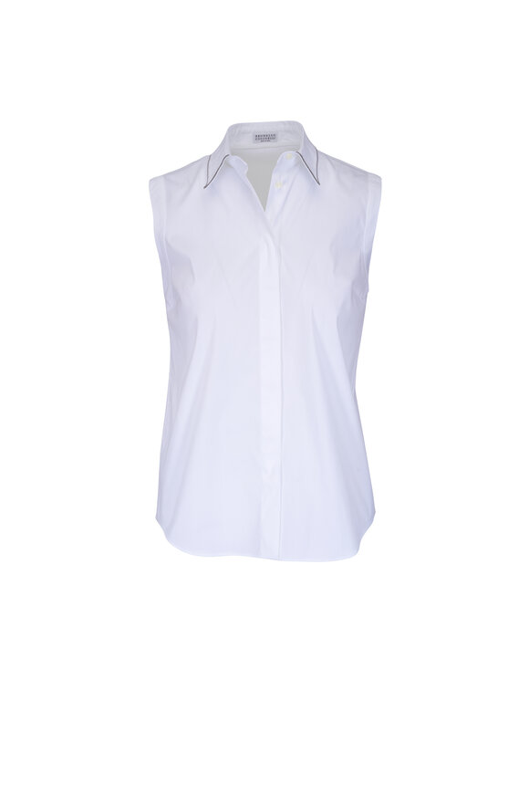 Brunello Cucinelli White Stretch Poplin Monili Blouse