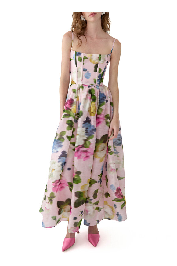 Carolina Herrera Blush Floral Print Linen & Silk Midi Dress - view 4