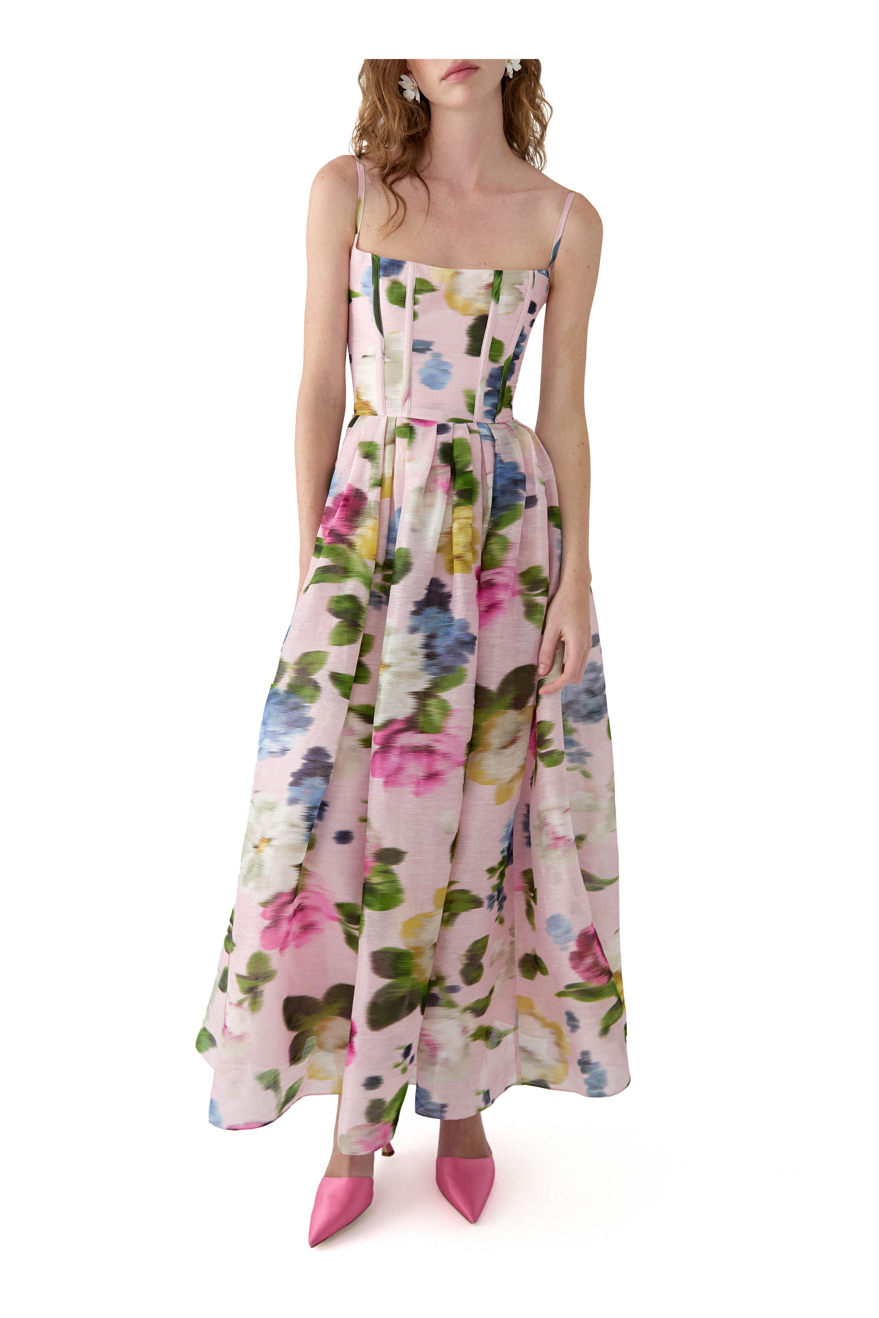 Carolina Herrera - Blush Floral Print Linen & Silk Midi Dress