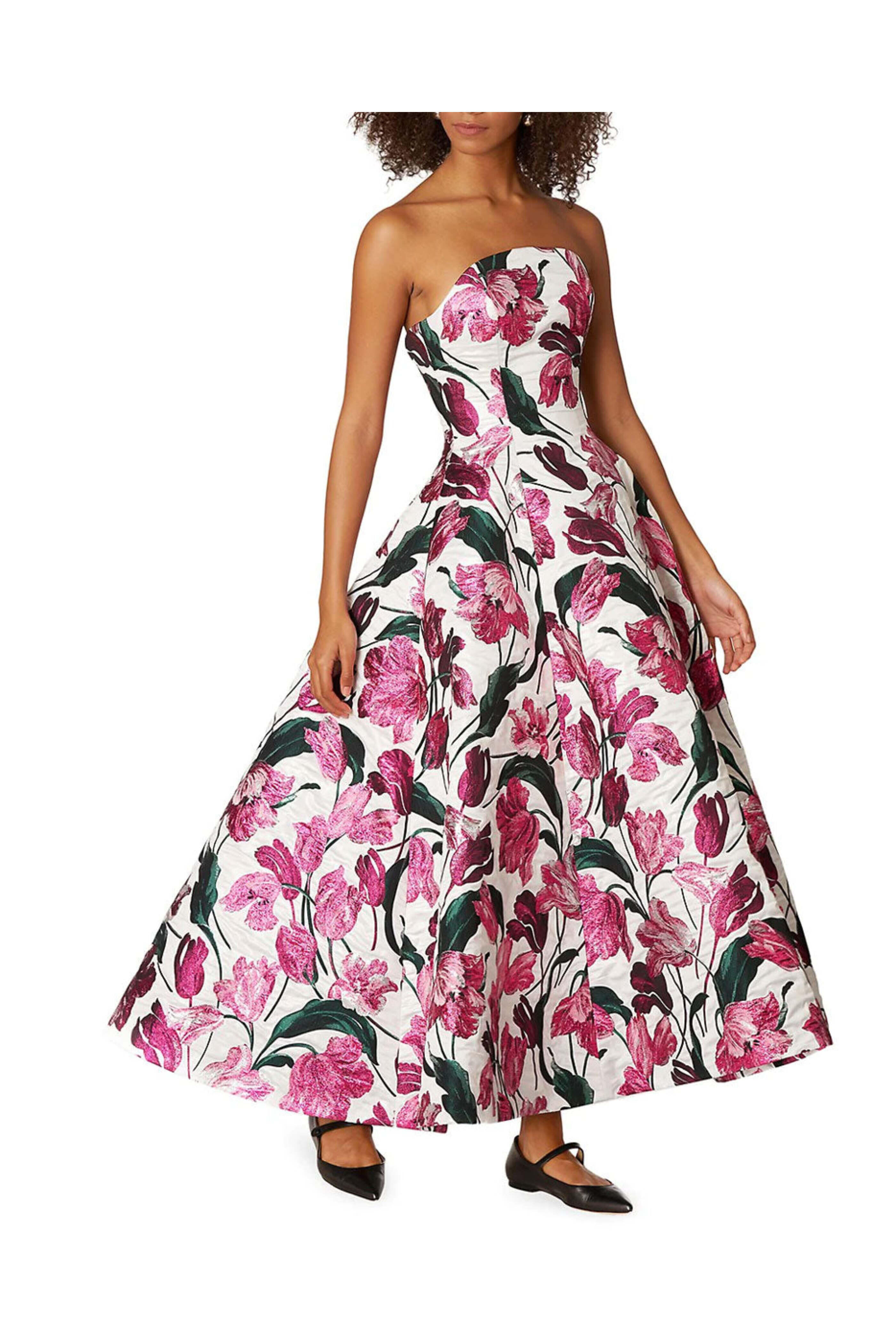 Carolina Herrera - Pink Floral Print Strapless Gown