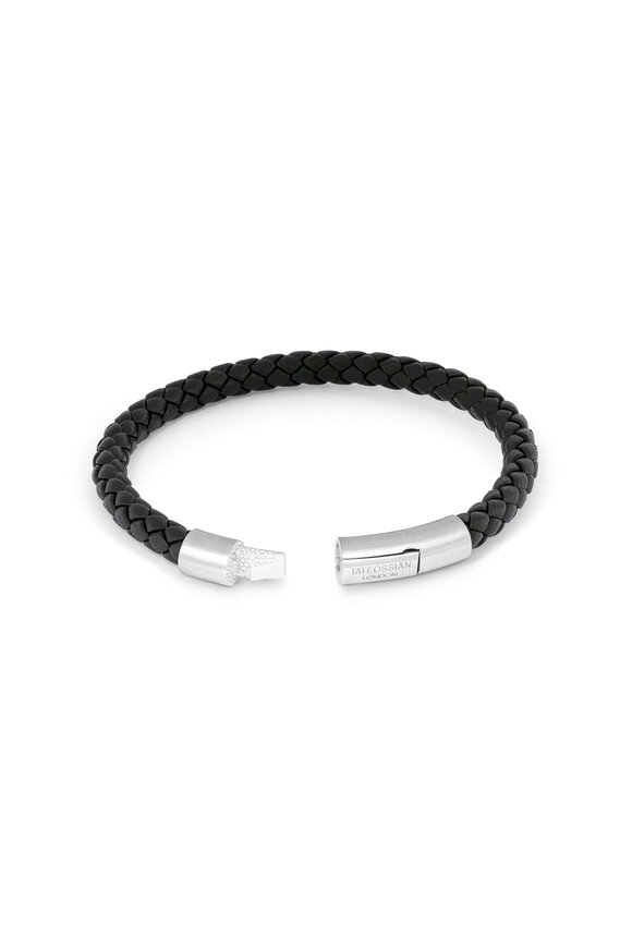 Tateossian - Satin Finish Black Leather Braided Bracelet