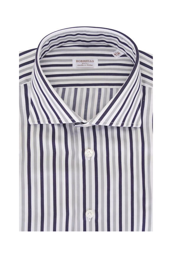 Borriello White, Gray & Navy Stripe Cotton Dress Shirt