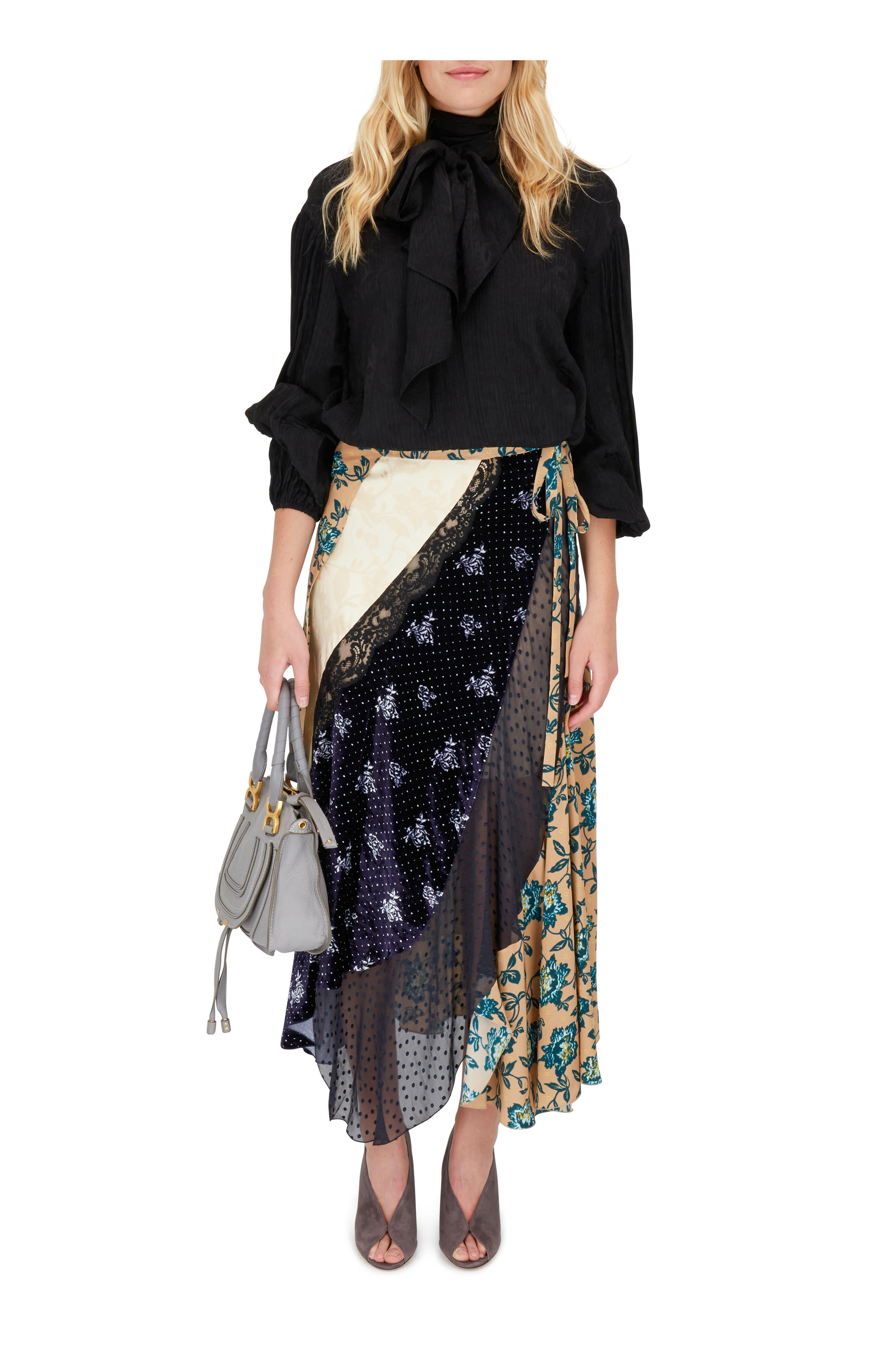 Chloé - Beige & Blue Mixed Media Silk Flower Print Skirt