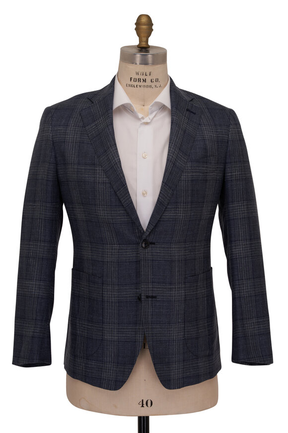 Atelier Munro - Navy Tonal Plaid Wool, Silk & Linen Sportcoat 