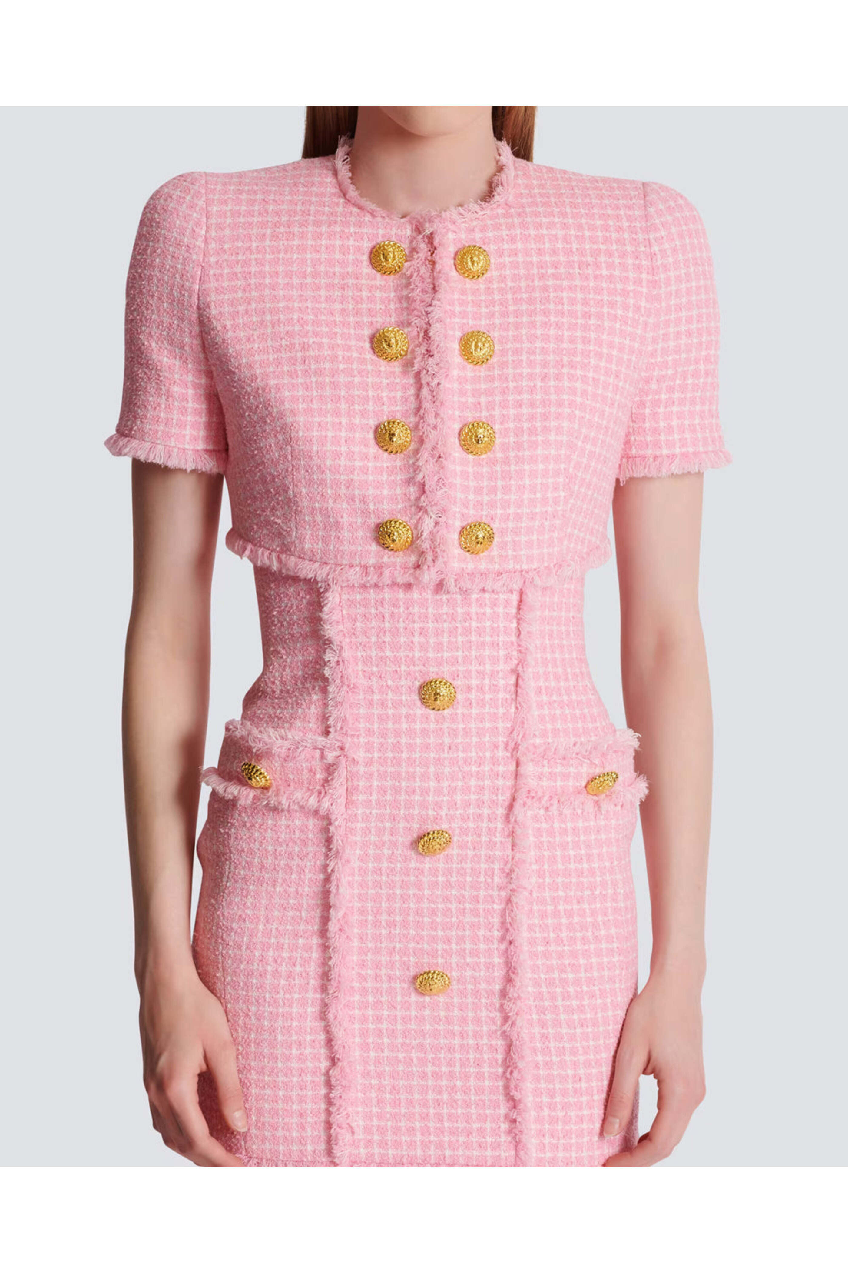 Balmain - Blanc and Rose Tweed Vichy Cropped Jacket