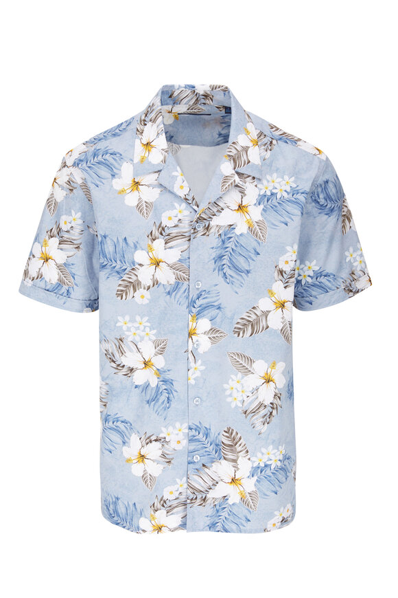 Patrick Assaraf - Sky Blue Floral Short Sleeve Camp Shirt