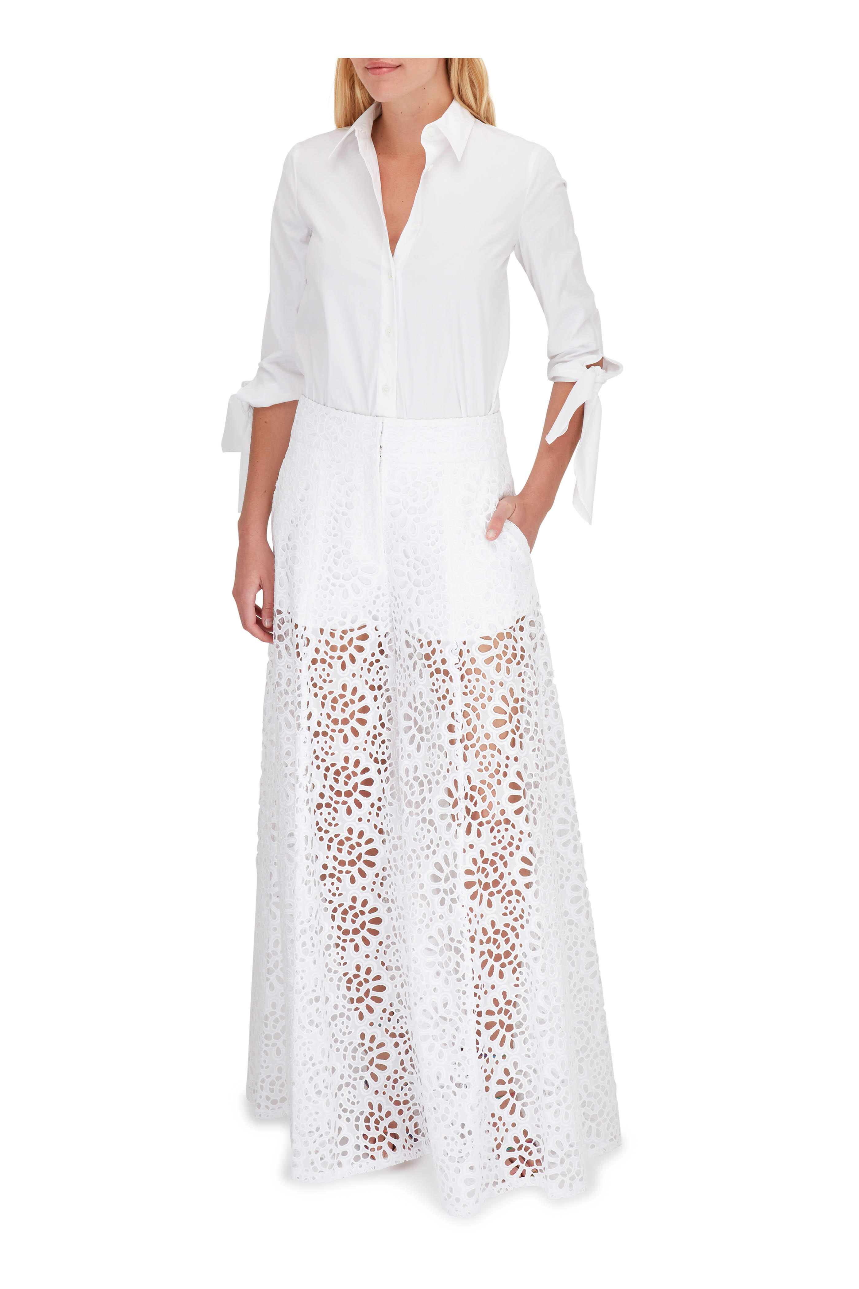 Carolina Herrera - White Cotton Eyelet Extra Wide Leg Pant