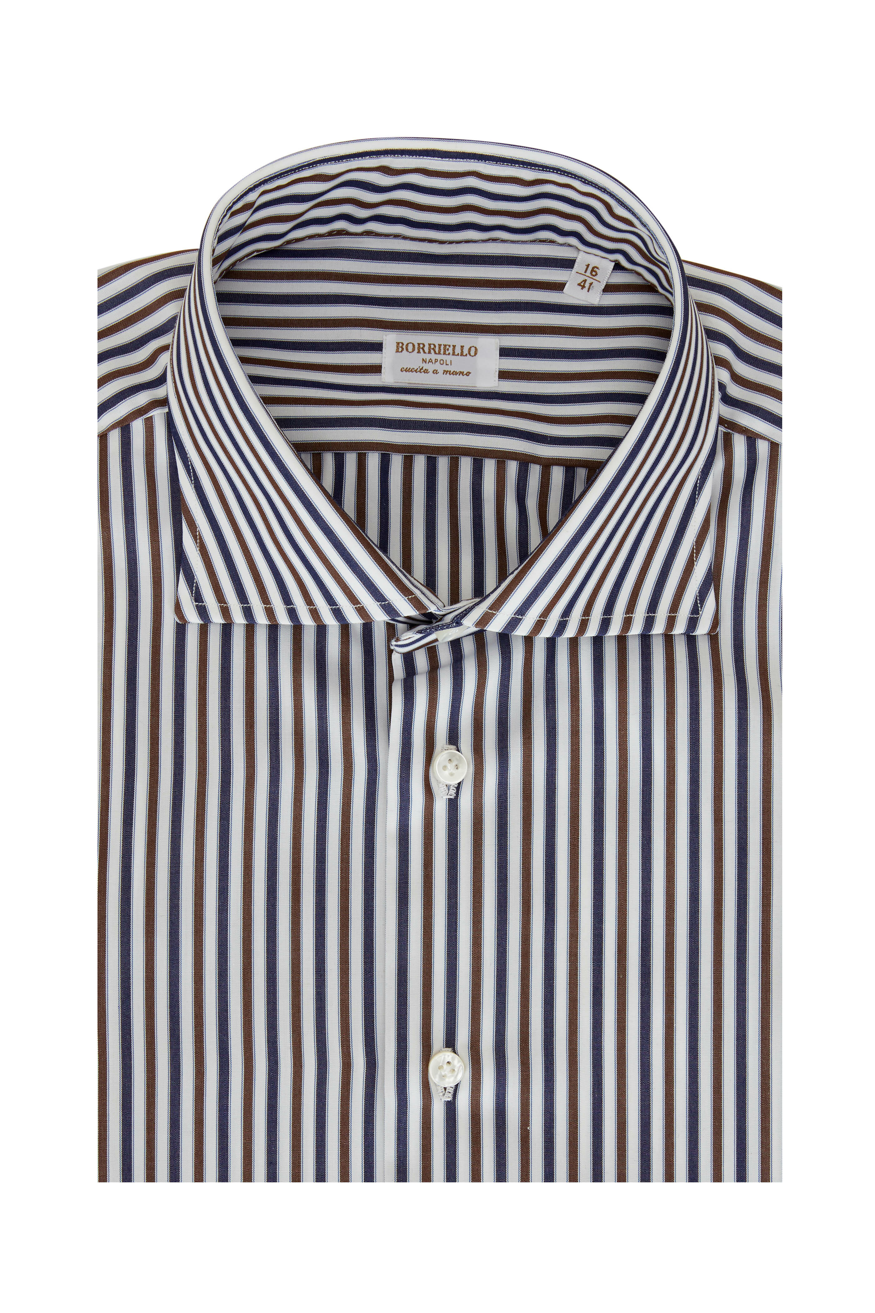 Borriello - Brown &n Navy Blue Striped Dress Shirt