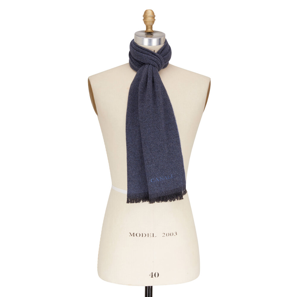 Canali - Blue Herringbone Cashmere Scarf | Mitchell Stores