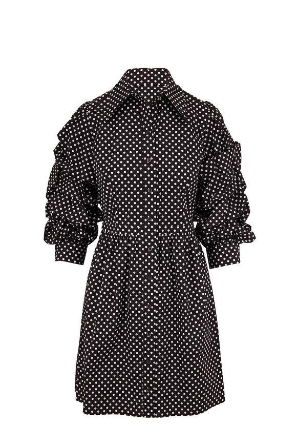 Michael Kors Collection - Black & White Polka Dot Ruched Sleeve Shirtdress