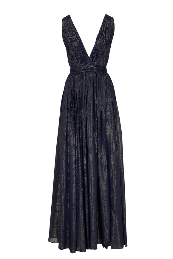 Michael Kors Collection Hutton Navy & Gold Pinstriped Crossback Maxi Dress