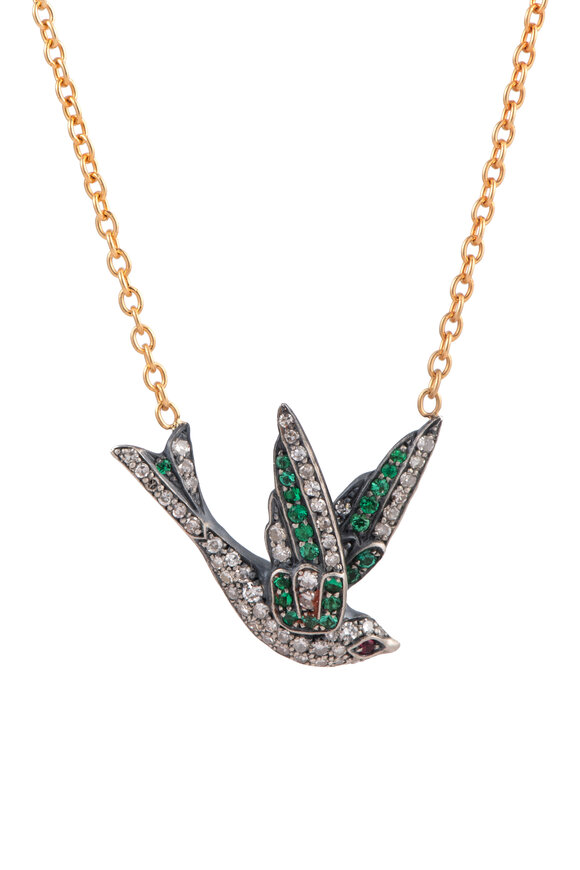 Sylva & Cie Diamond & Emerald Swallow Pendant Necklace - view 2