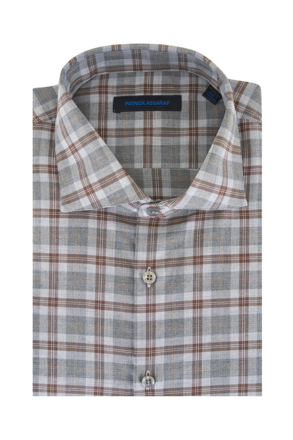 Patrick Assaraf - Gray & Brown Plaid Cotton Sport Shirt