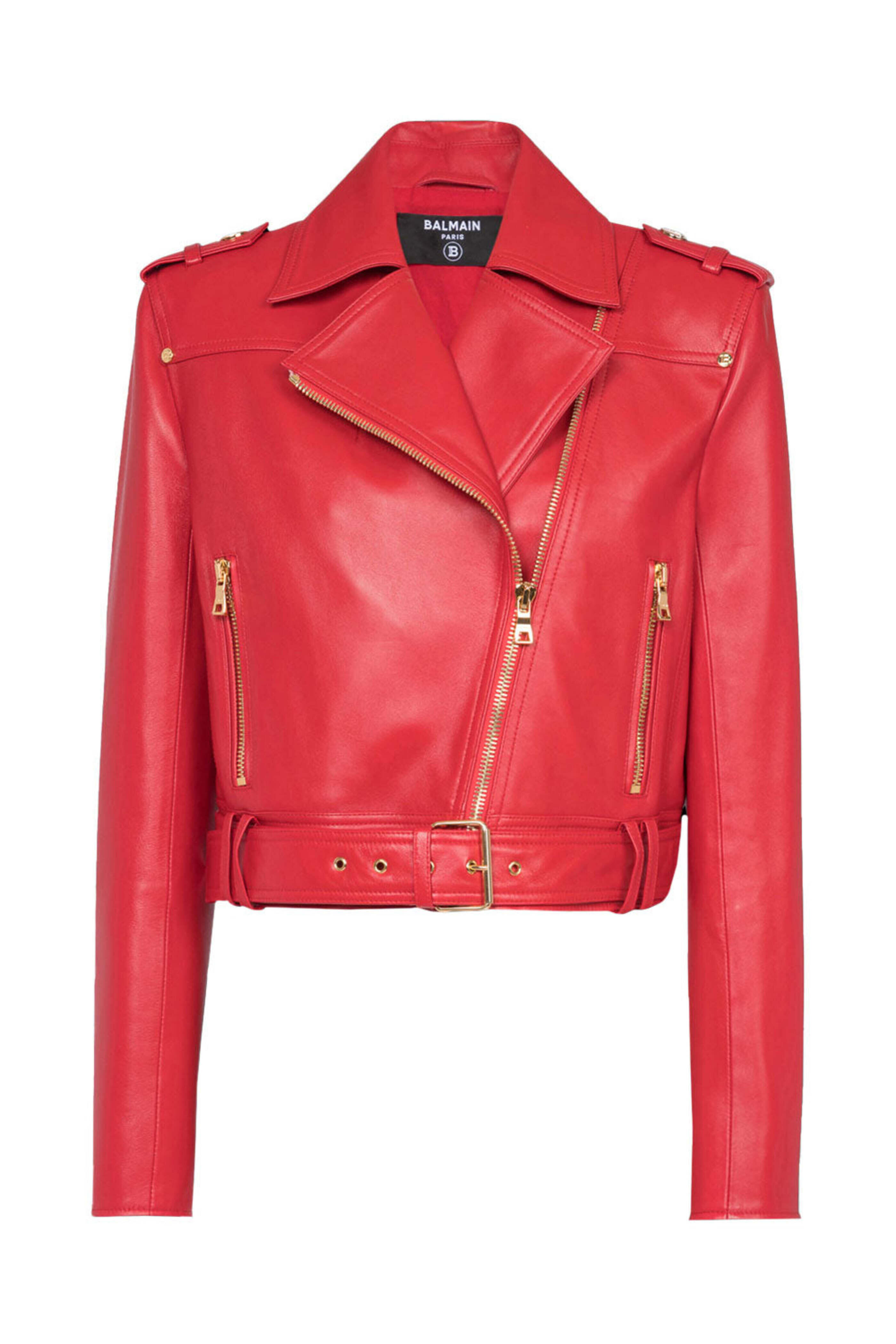 BALMAIN 赤 レザー ライダースジャケット Balmain - Rouge Leather Cropped Belted Biker Jacket