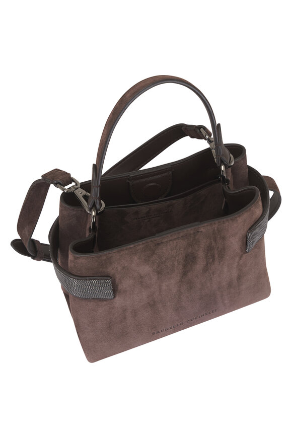 Brunello Cucinelli Mini Safari Espresso Suede Monili Satchel Tote - view 5