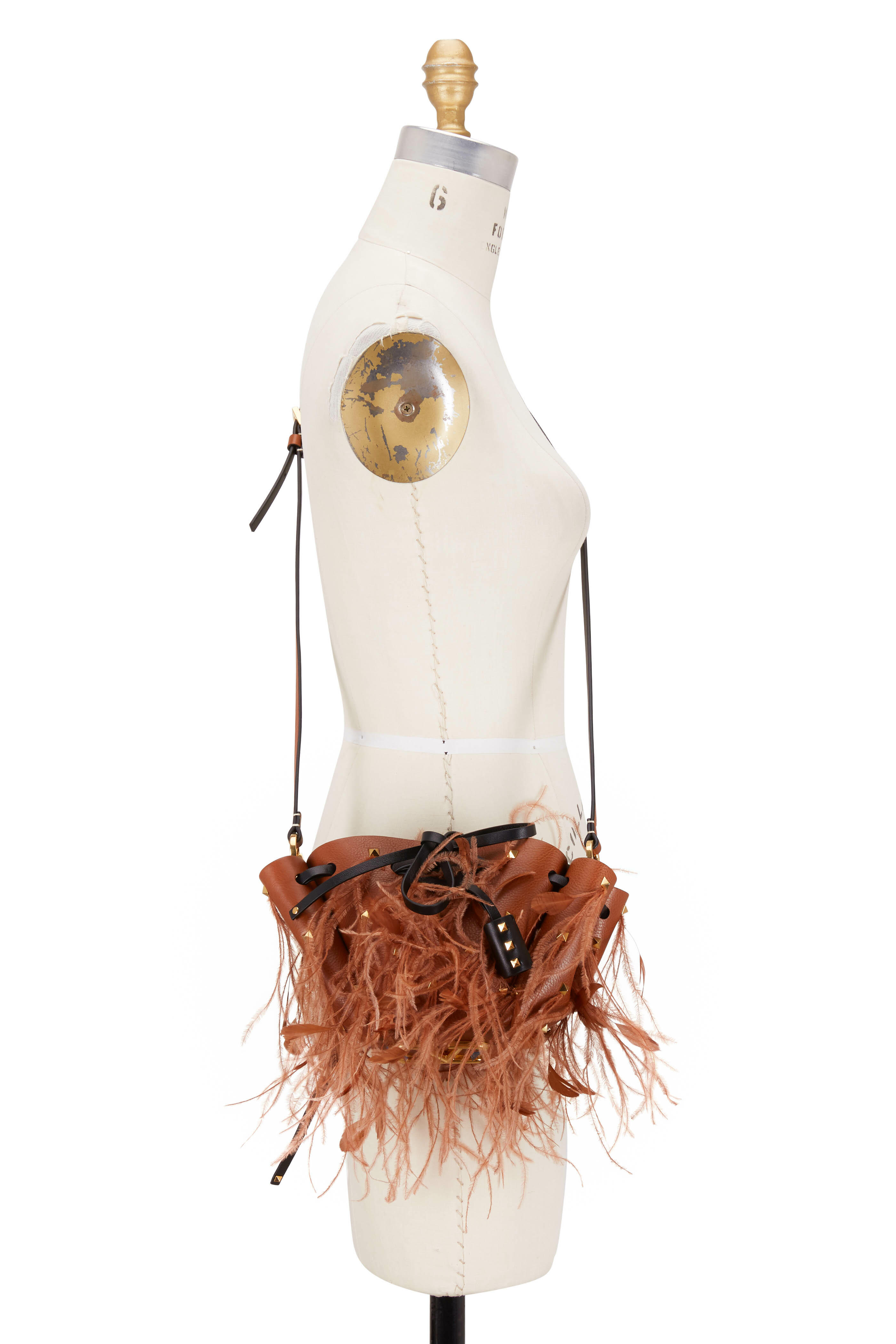 Valentino Garavani - Go Logo Tan Rockstud & Feather Small Bucket Bag