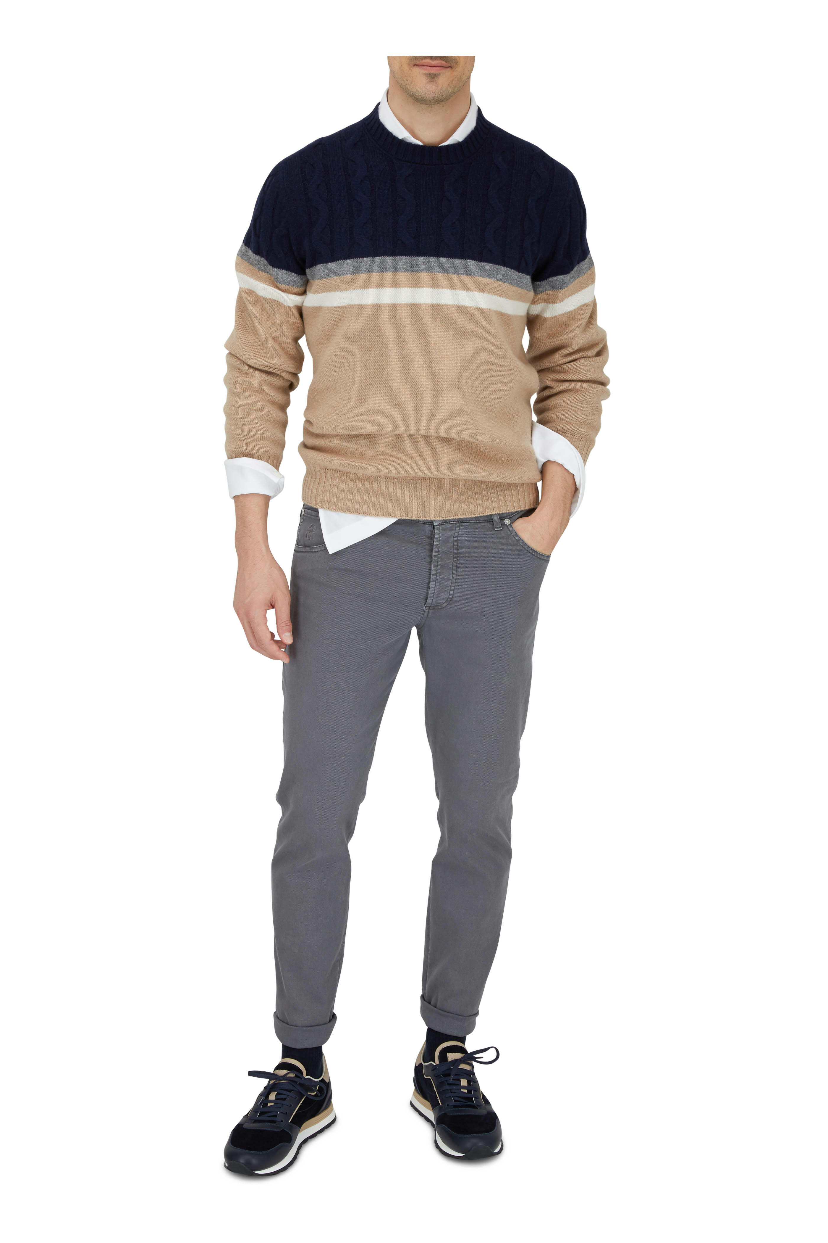 Brunello Cucinelli - Camel & Navy Stripe Crewneck Pullover