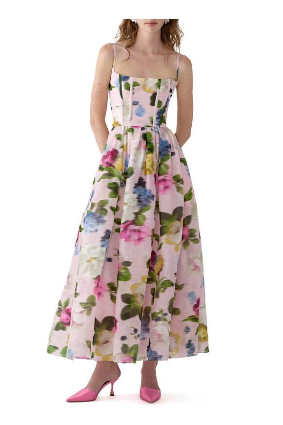 Carolina Herrera Blush Floral Print Linen & Silk Midi Dress - view 2