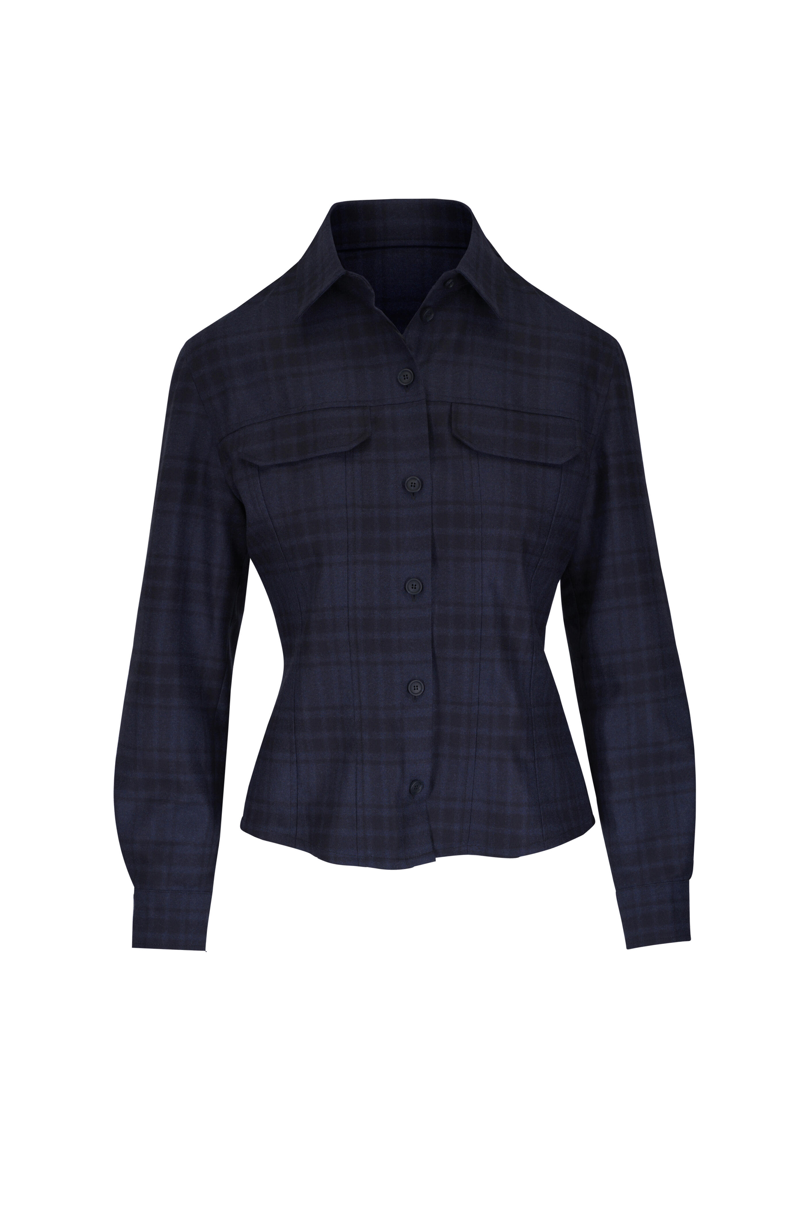 Akris - Denim & Black Check Wool Fitted Shirt