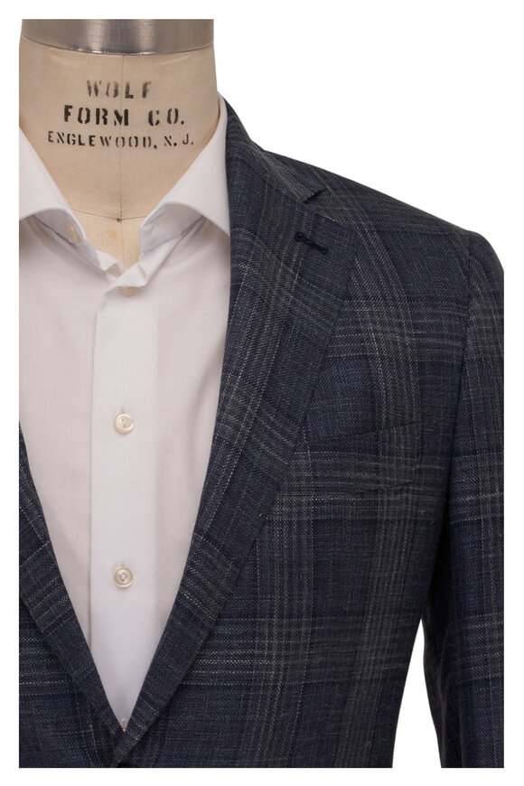 Atelier Munro - Navy Tonal Plaid Wool, Silk & Linen Sportcoat 