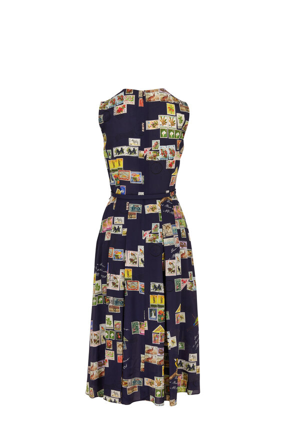 Oscar de la Renta - Navy Silk Postcard Print Belted Sleeveless Dress