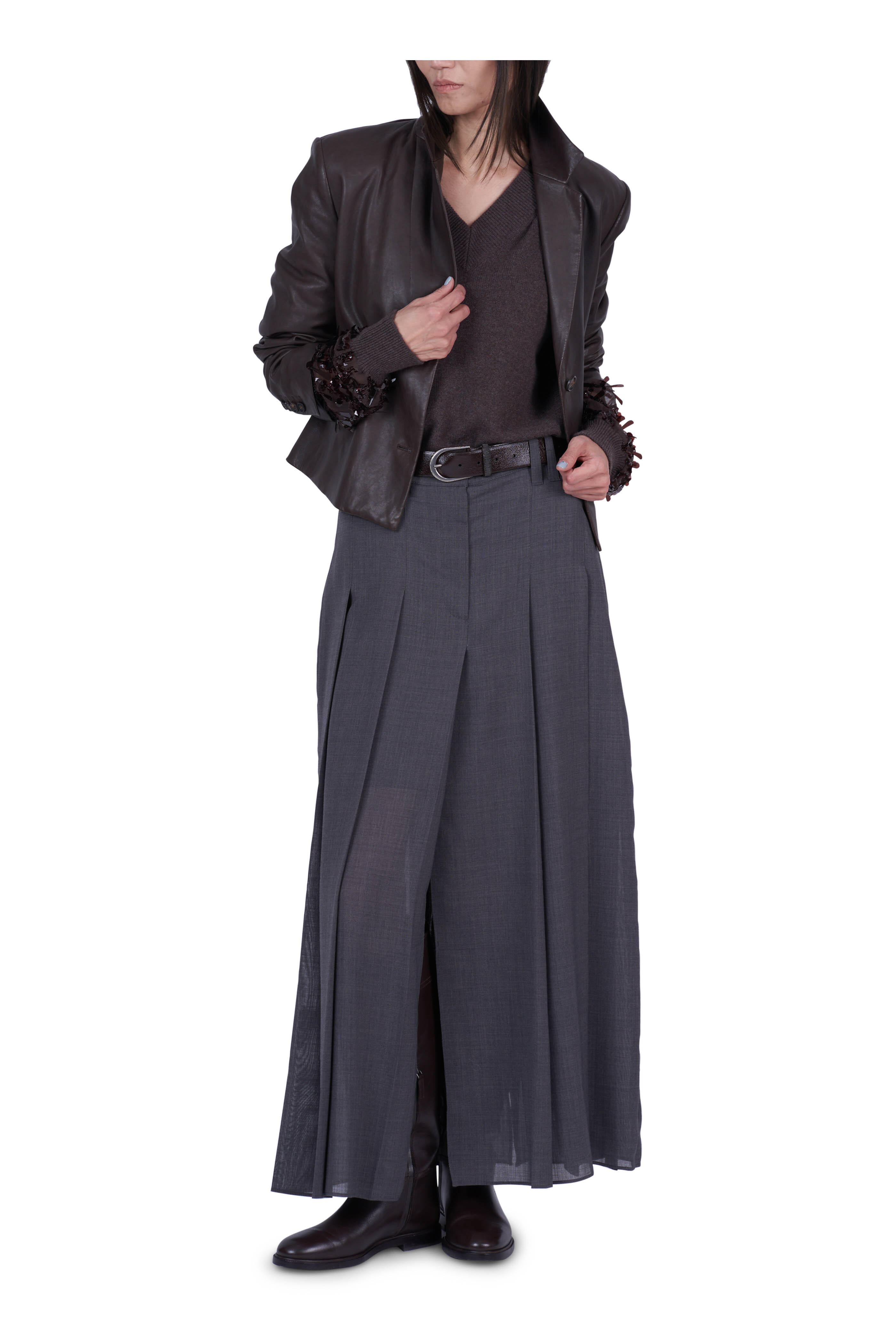 BRUNELLO CUCINELLI スカート【サイズL】【グレー】 Brunello Cucinelli - Gray Pleated Zip Front Skirt