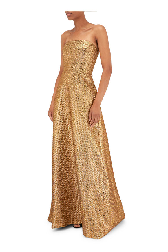 Carolina Herrera Gold Metallic Textured Strapless Gown  - view 5