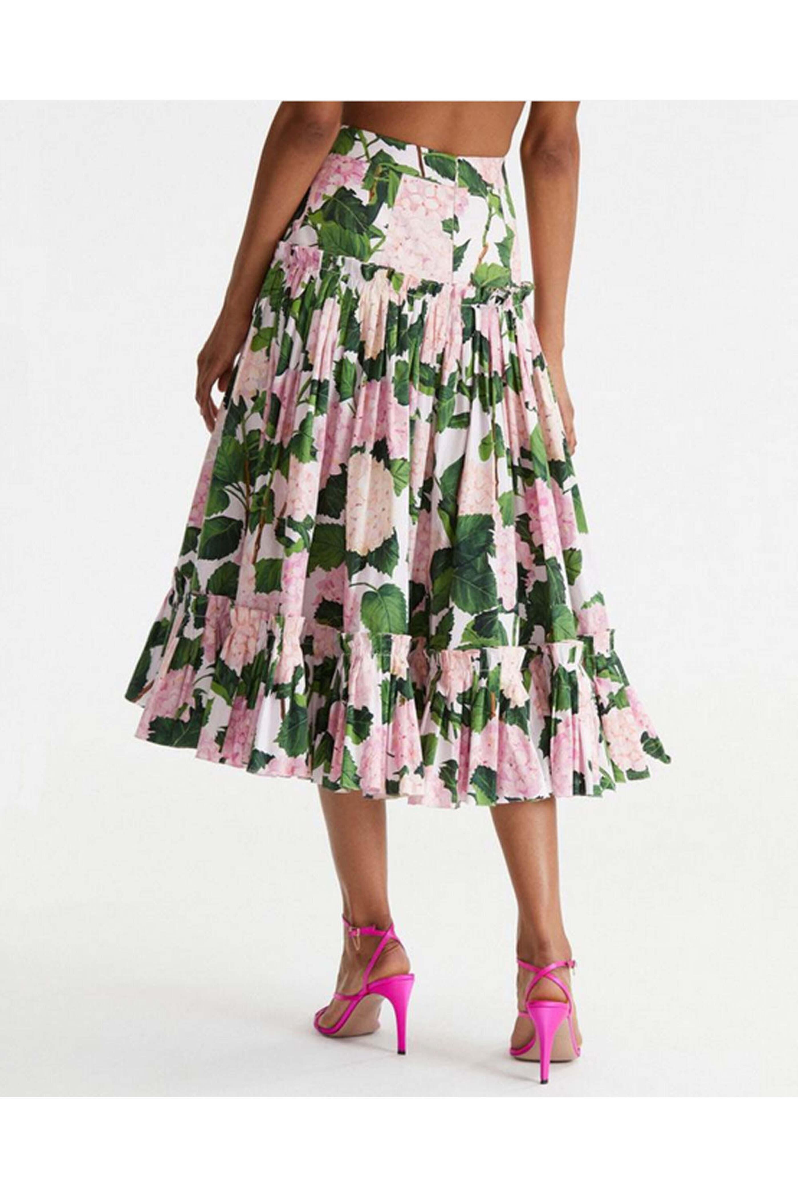 Oscar de la Renta - Pink Hydrangea Ruffle Midi Skirt