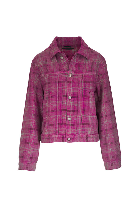 R13 Muted Pink Plaid Relaxed Pleated Trucker Jacket