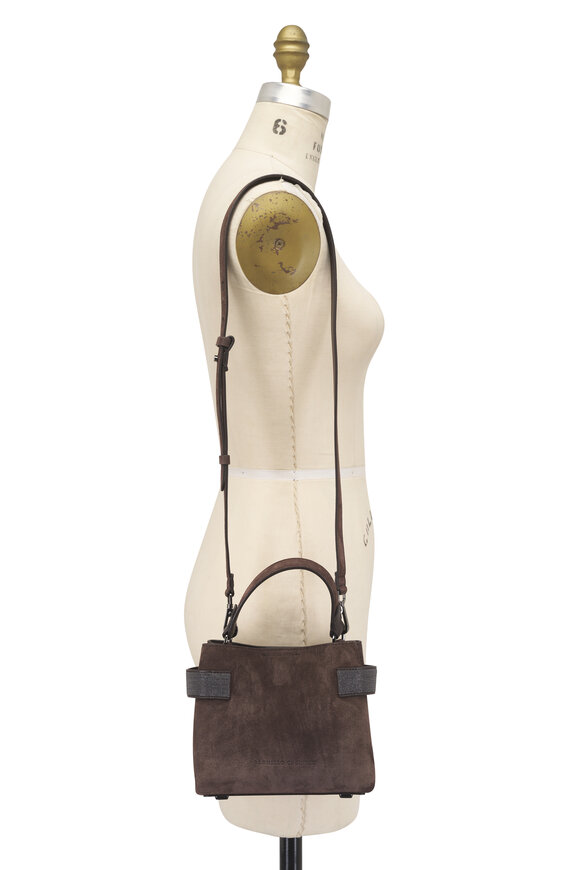 Brunello Cucinelli Mini Safari Espresso Suede Monili Satchel Tote - view 6