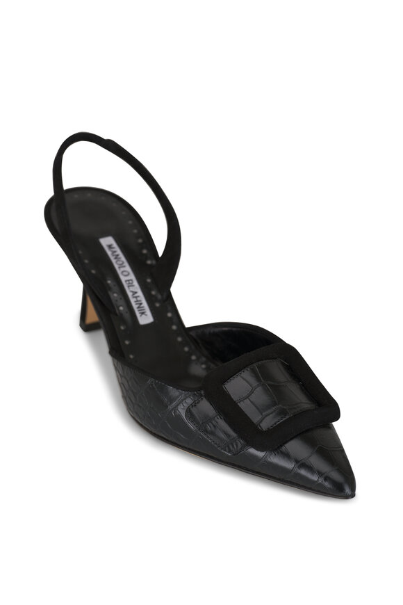 Manolo Blahnik Maysli Black Leather Slingback Pump, 70mm