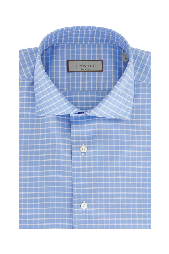 Canali - Blue & White Tattersall Check Cotton Dress Shirt